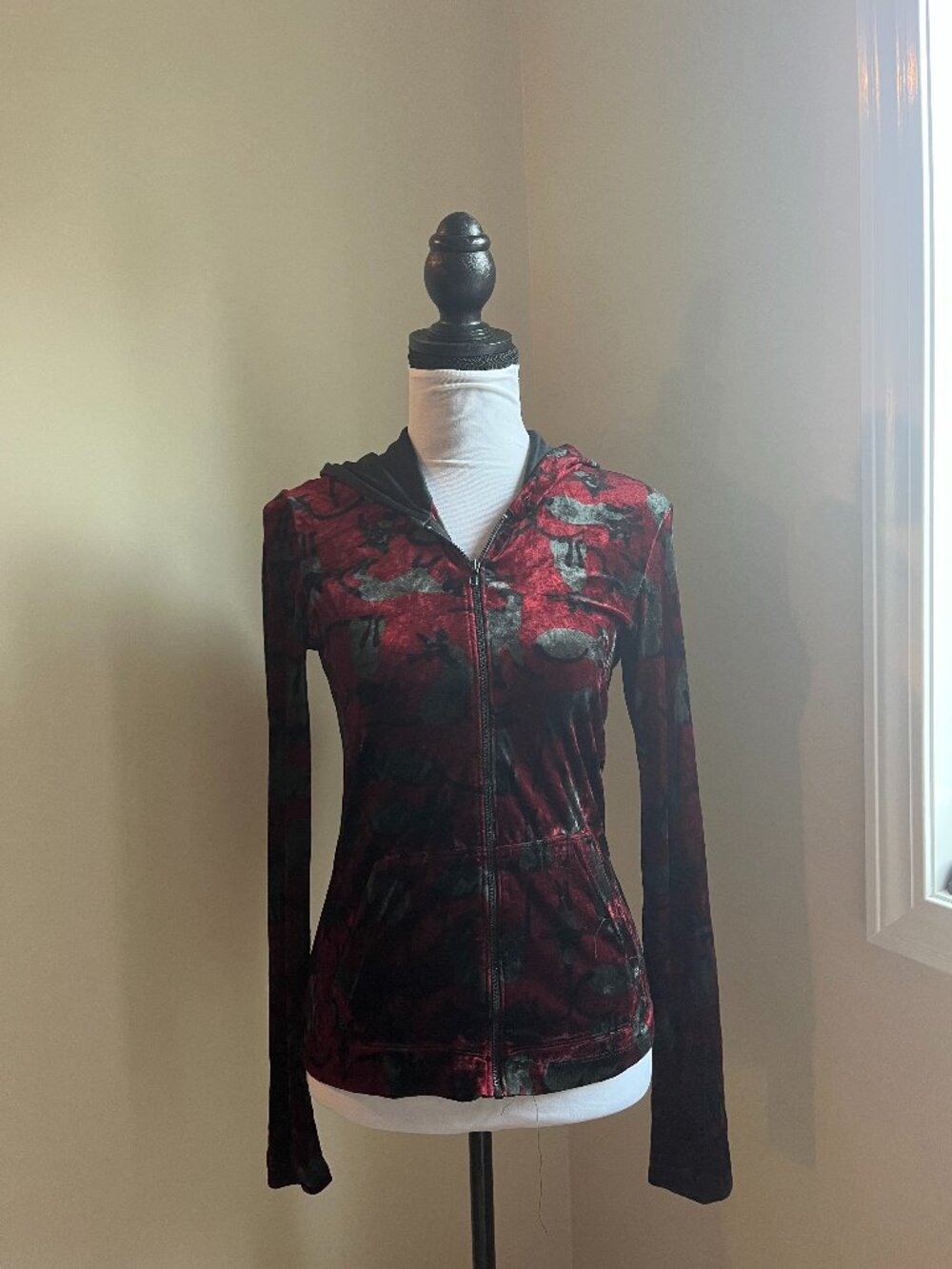 Vintage Betsey Johnson Velvet Cat print  Zip-Up hoodie, Size Large